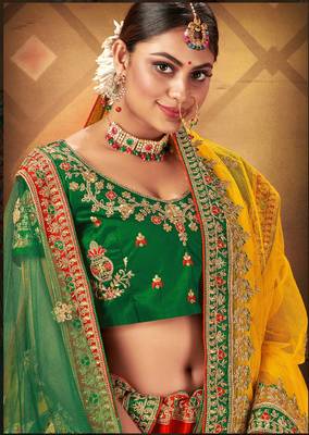 Red embroidered satin semi stitched lehenga 2