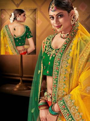 Red embroidered satin semi stitched lehenga 3