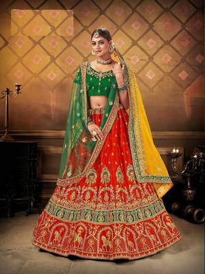 Red embroidered satin semi stitched lehenga 4