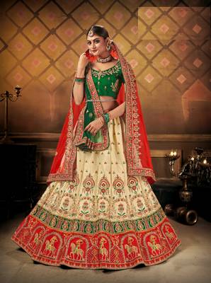 Cream embroidered satin semi stitched lehenga 1