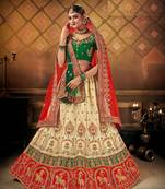 Cream embroidered satin semi stitched lehenga