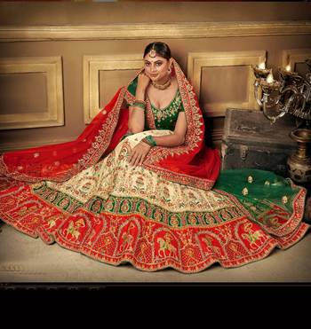 Cream embroidered satin semi stitched lehenga 3