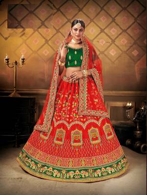 Red embroidered satin semi stitched lehenga 1