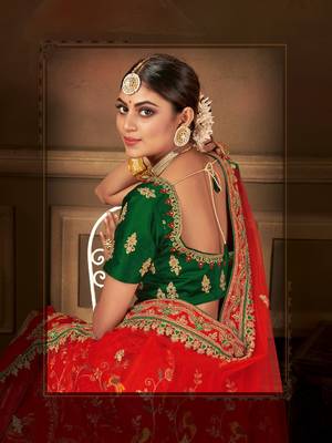 Red embroidered satin semi stitched lehenga 2
