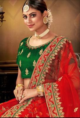 Red embroidered satin semi stitched lehenga 3