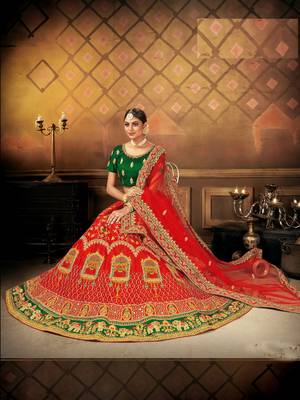 Red embroidered satin semi stitched lehenga 4