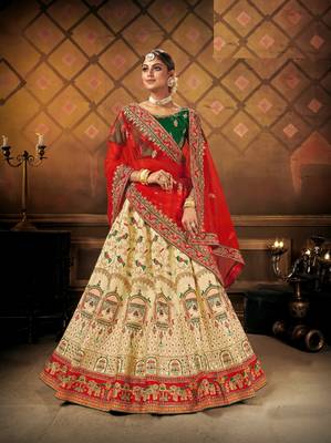 Cream embroidered satin semi stitched lehenga 1