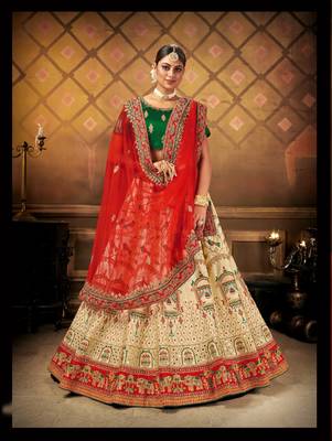 Cream embroidered satin semi stitched lehenga 3