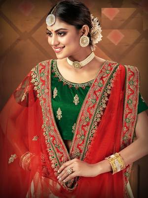 Cream embroidered satin semi stitched lehenga 4