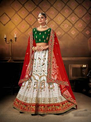 White embroidered satin semi stitched lehenga 1