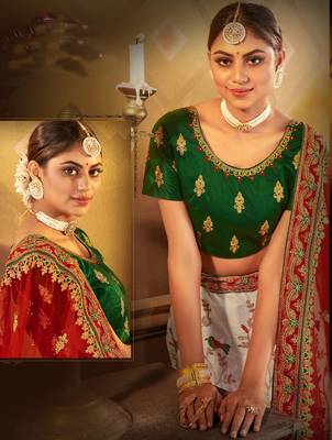 White embroidered satin semi stitched lehenga 2