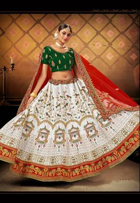 White embroidered satin semi stitched lehenga 3