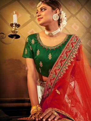 White embroidered satin semi stitched lehenga 4