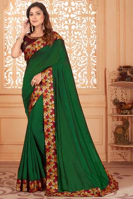 Green embroidered silk blend saree with blouse 1