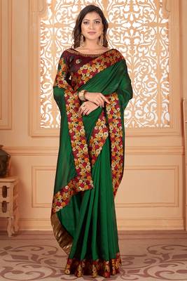 Green embroidered silk blend saree with blouse 2