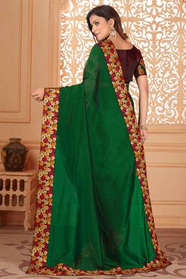 Green embroidered silk blend saree with blouse 3