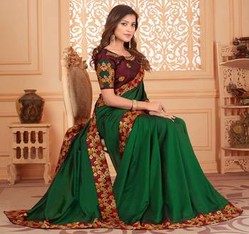 Green embroidered silk blend saree with blouse 4