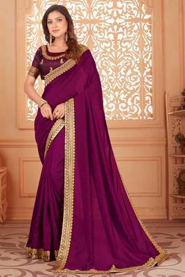 Purple embroidered silk blend saree with blouse 1