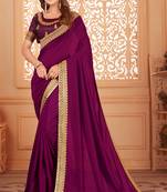 Purple embroidered silk blend saree with blouse