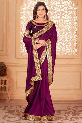 Purple embroidered silk blend saree with blouse 2