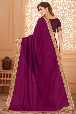Purple embroidered silk blend saree with blouse 3
