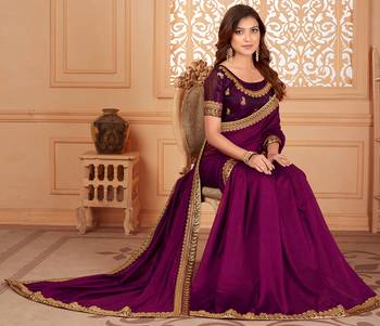 Purple embroidered silk blend saree with blouse 4