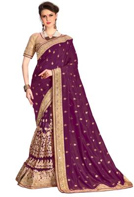 Trendmalls Heavy Embroidery art Silk and Net Purple Party Wear Saree With Blouse 1