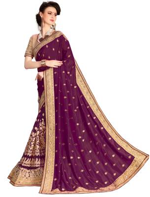 Trendmalls Heavy Embroidery art Silk and Net Purple Party Wear Saree With Blouse 3