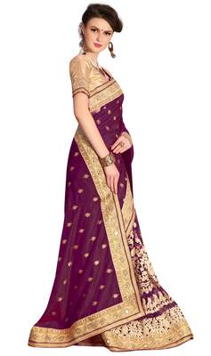 Trendmalls Heavy Embroidery art Silk and Net Purple Party Wear Saree With Blouse 4