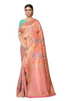Pink Woven Silk Blend Saree With Blouse