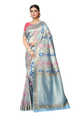Light Blue Woven Silk Blend Saree With Blouse 1