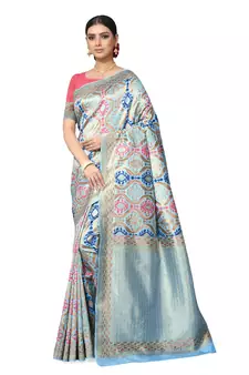 Light Blue Woven Silk Blend Saree With Blouse