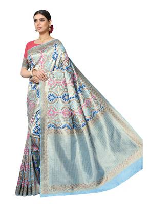 Light Blue Woven Silk Blend Saree With Blouse 2