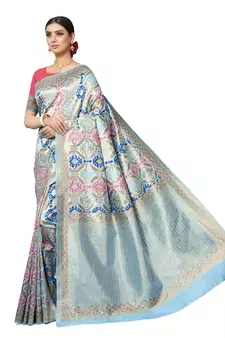 Light Blue Woven Silk Blend Saree With Blouse