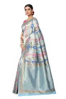 Light Blue Woven Silk Blend Saree With Blouse