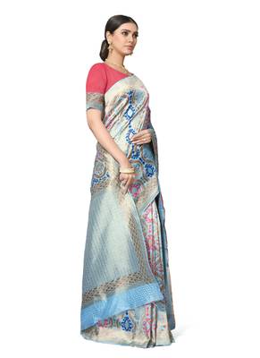 Light Blue Woven Silk Blend Saree With Blouse 4