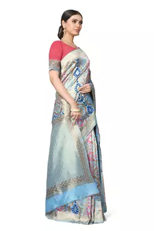 Light Blue Woven Silk Blend Saree With Blouse