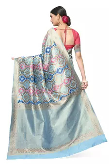 Light Blue Woven Silk Blend Saree With Blouse