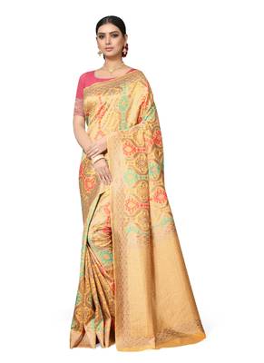 Yellow Woven Silk Blend Saree With Blouse 1