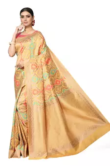 Yellow Woven Silk Blend Saree With Blouse