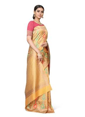 Yellow Woven Silk Blend Saree With Blouse 4