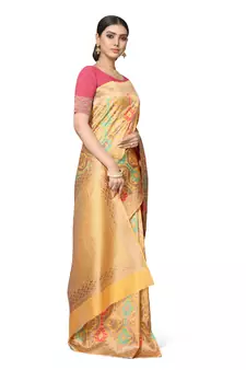 Yellow Woven Silk Blend Saree With Blouse