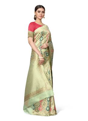 Light Green Woven Silk Blend Saree With Blouse 3