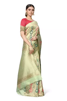 Light Green Woven Silk Blend Saree With Blouse