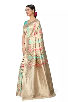 Turquoise Woven Silk Blend Saree With Blouse