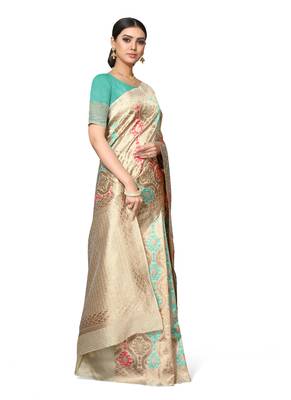 Turquoise Woven Silk Blend Saree With Blouse 4