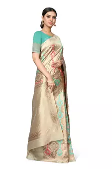 Turquoise Woven Silk Blend Saree With Blouse