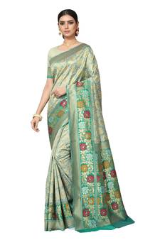 Turquoise Woven Silk Blend Saree With Blouse