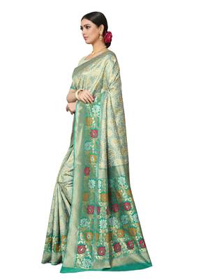 Turquoise Woven Silk Blend Saree With Blouse 3