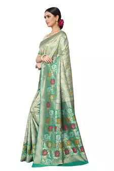 Turquoise Woven Silk Blend Saree With Blouse
